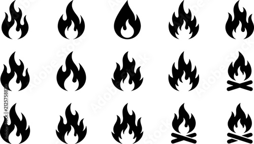 Obraz na plátne Set of black silhouette fire flame icons and bonfire illustrations