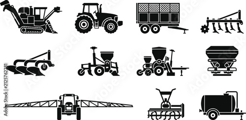 Foto Set of agricultural machinery icons for farming and harvesting operations