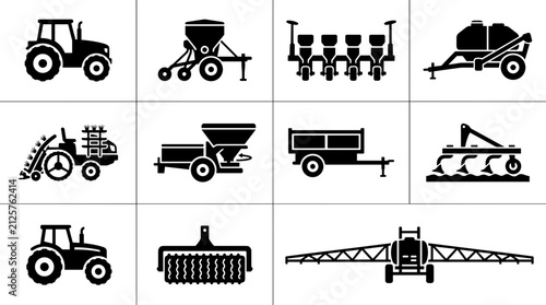 Obraz na płótnie Set of agricultural machinery icons and farm equipment silhouettes