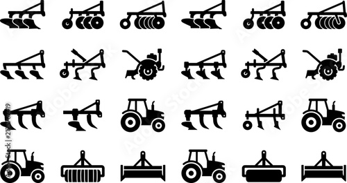 Canvastavla Set of agricultural machinery and tractor equipment icons.