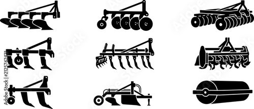 Konstfotografi Set of agricultural machinery icons for farming and soil cultivation