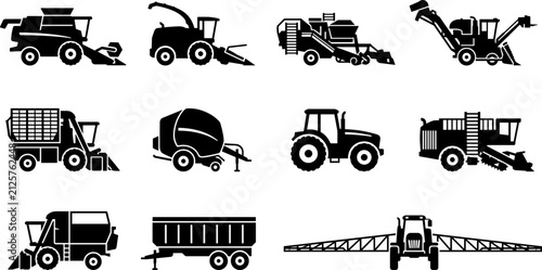 Fotografie Set of agricultural machinery icons for farming equipment.