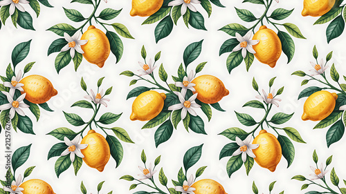 Seamless pattern of fresh yellow lemons and white flowers with green leaves on a branch illustration