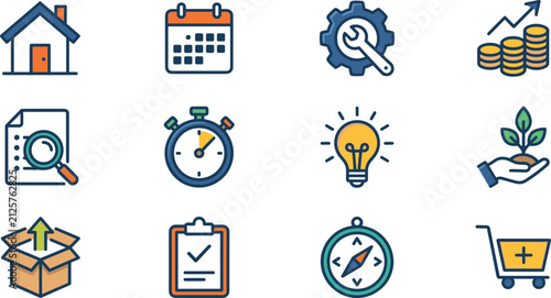 Set of colorful line art business and productivity icons.