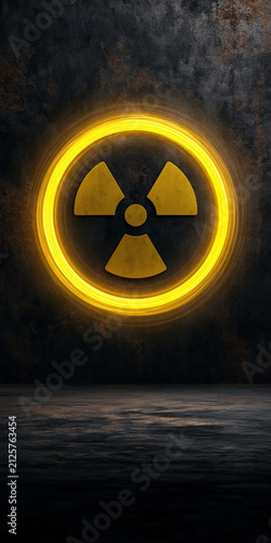 Radioactive symbol glowing neon yellow on a dark textured background. This symbol represents radiation and potential danger