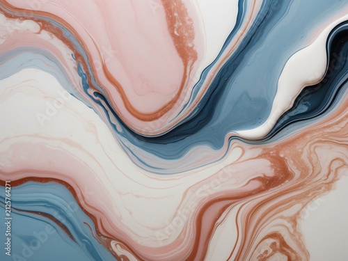 Abstract fluid art background with swirling blue pink and copper paint texture