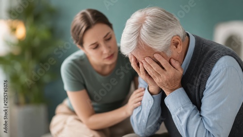 Young woman comforting depressed senior man crying on sofa, family mental health support