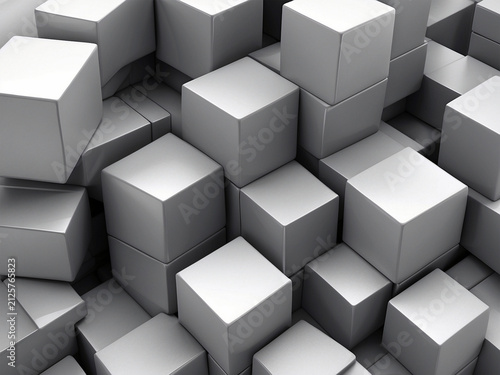 Abstract 3D geometric gray cubes background with glossy blocks at random levels