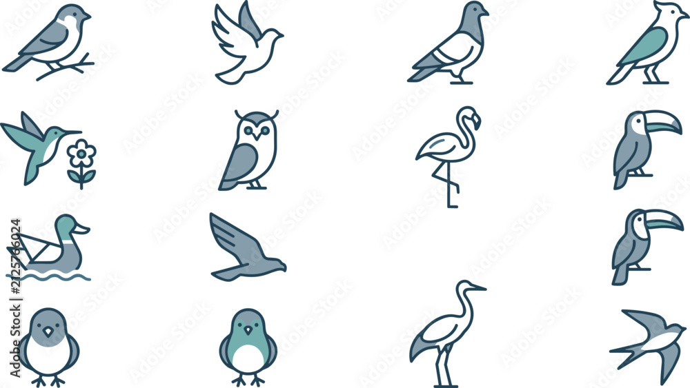 Obraz premium Set of colorful bird icons featuring various avian species.