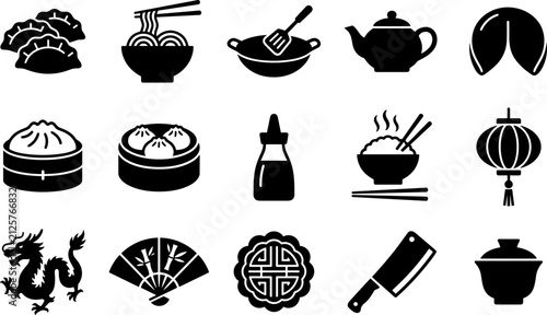 Obraz na płótnie Set of Traditional Chinese Food and Cultural Icon Symbols.