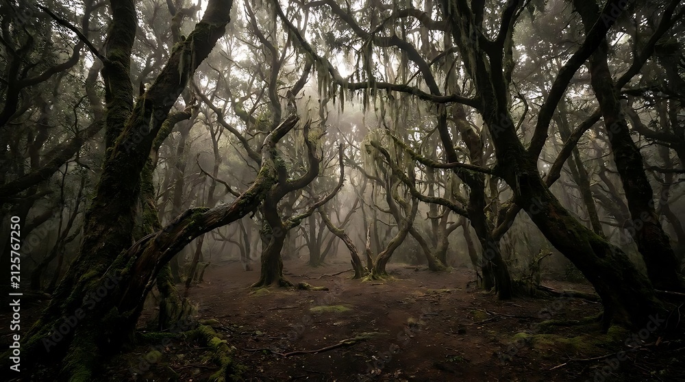 Fototapeta premium Mysterious forest with gnarled trees and atmospheric fog