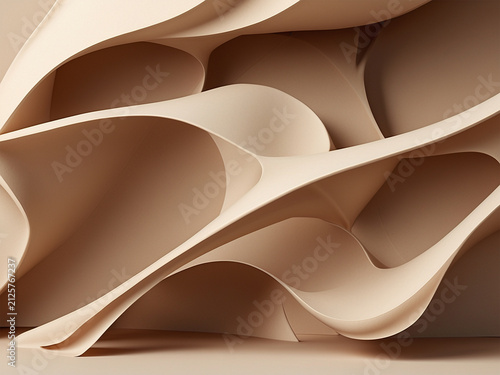 Minimalist 3D geometric abstract wavy pattern backdrop with beige parametric curves