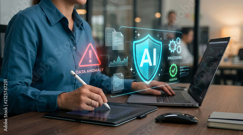 Professional analyzing AI cybersecurity risks and data anomaly using digital tablet