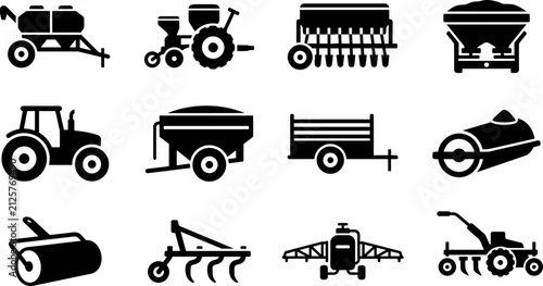 Konstfotografi Set of black and white farming and agricultural machinery icons.