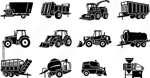 Bild auf Leinwand Set of monochrome agricultural machinery and farming equipment icons