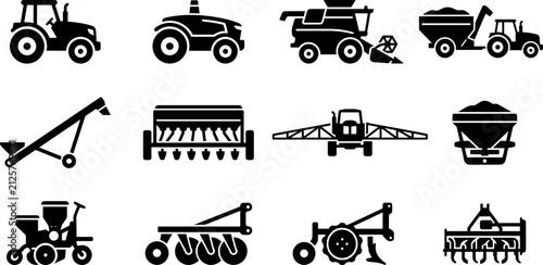 Konstfotografi Set of black agricultural machinery and farming equipment icons.