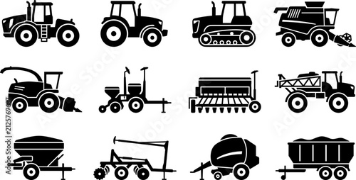 Bild auf Leinwand Set of black agricultural machinery and farming equipment icons.