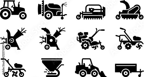 Canvastavla Set of farming and agricultural machinery icons for landscaping.