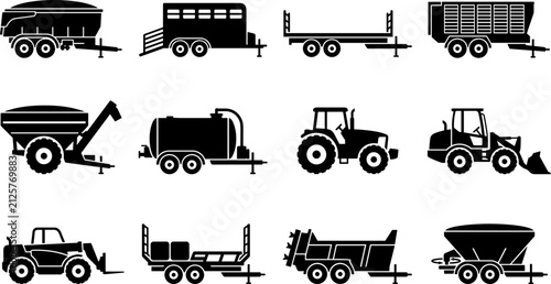 Konstfotografi Set of agricultural farm machinery and trailer silhouettes.
