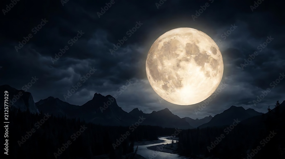 Obraz premium Large full moon illuminates a dark mountain landscape with a winding river