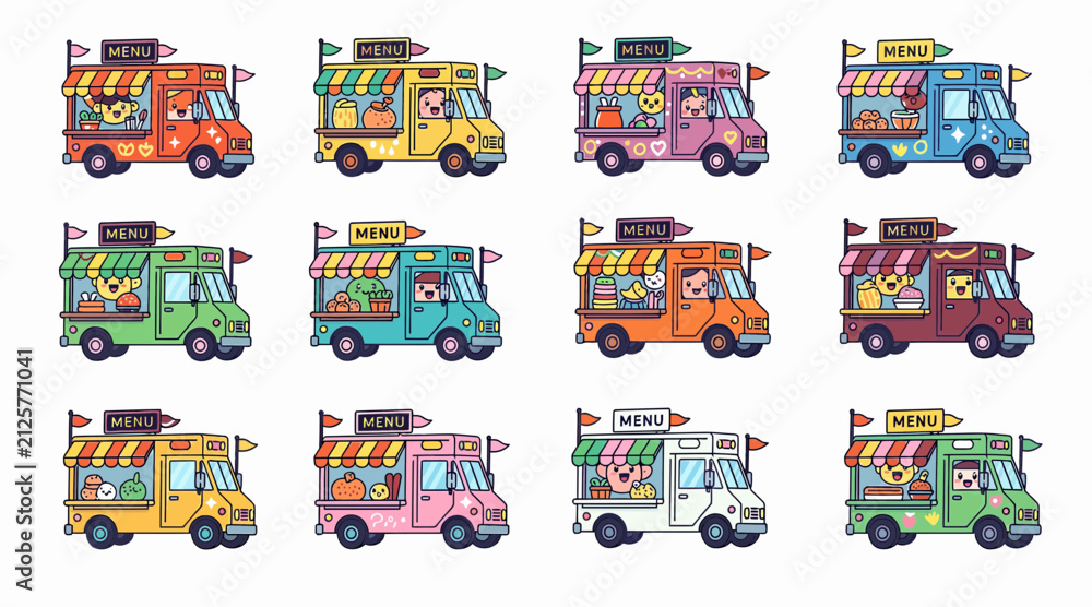 Naklejka premium colorful food trucks with menu boards