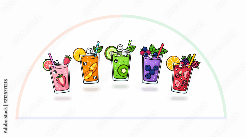 Fototapeta premium Colorful Fresh Fruit Drinks Rainbow Refreshment