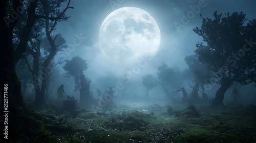 Mystical full moon illuminating a foggy forest at night
