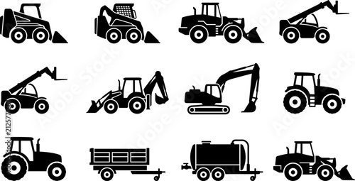 Konstfotografi Set of black construction and agricultural machinery icons.