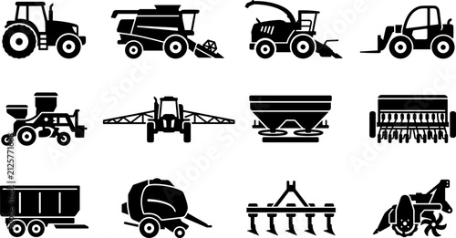 Bild auf Leinwand Set of black silhouette icons for agricultural machinery and farming equipment