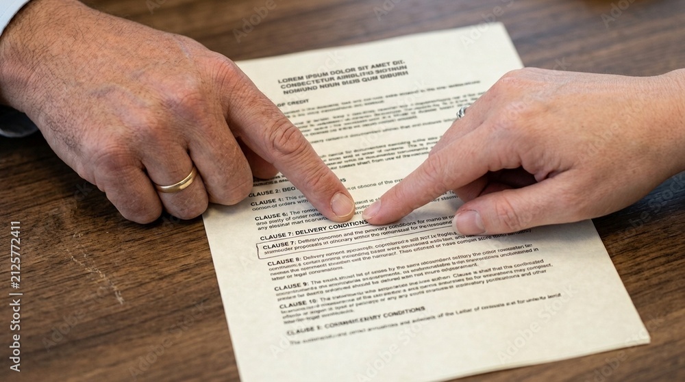 Obraz premium Two hands pointing to the same clause within a shared letter of credit document – Trade Finance and Customs Compliance Documentation Stock Photo