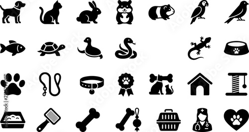 Obraz na płótnie Collection of various pet and animal related icons in black and white style