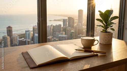 Open notebook with a cup of coffee and a pen on a desk overlooking a city skyline at sunset.