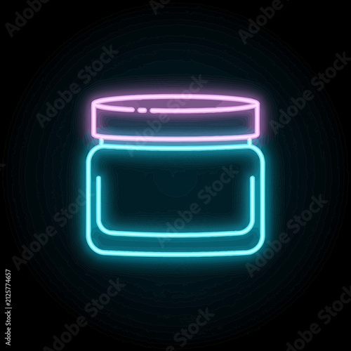 Neon cosmetic cream jar icon, glowing cyan and pink outline vector illustration on dark background. Minimal skincare packaging symbol for UI and signage