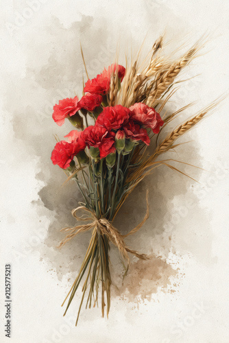 Vintage Botanical Bouquet of Red Carnations and Wheat on Rustic Paper. AI generative.
