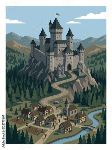 A majestic medieval castle perched on a rocky mountain overlooking a small village in a valley.