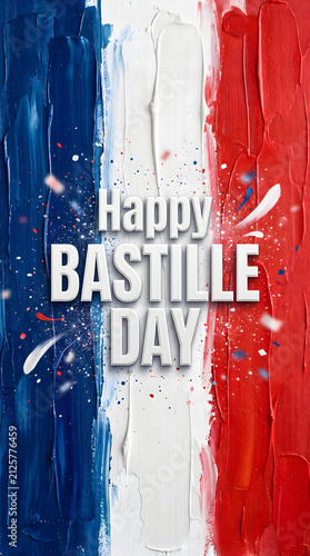 Happy Bastille Day Text On French Tricolor Paint Background, Blue White Red Brush Strokes, French National Day Celebration Concept With Confetti, Patriotic Greeting Card