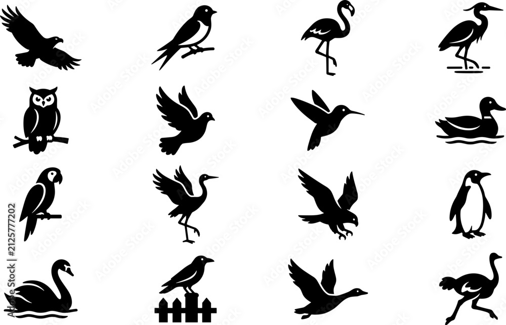 Obraz premium Collection of various bird species silhouettes icons set.