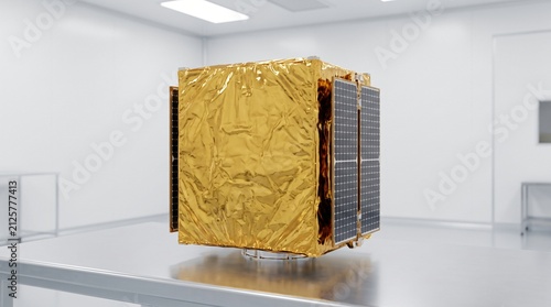 Space Technology Concept, Gold Foil Wrapped Cubesat Small Satellite in a Clean Room