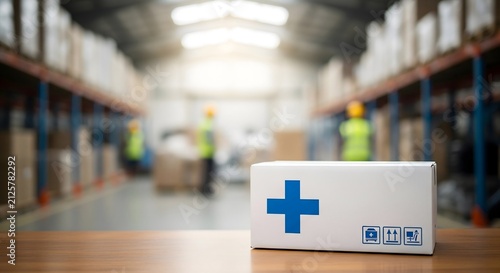 Medical supplies delivery box on wooden table in large warehouse