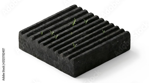 Black grooved architectural slab with small green plants.