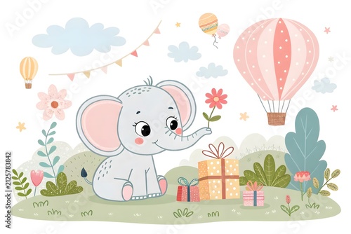 Cute cartoon elephant holding a flower and gift box with hot air balloons