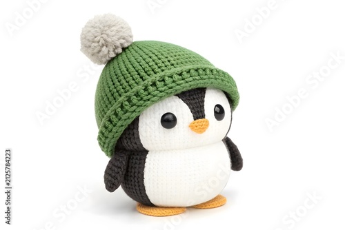 Cute penguin wearing a green knit hat with a pom pom
