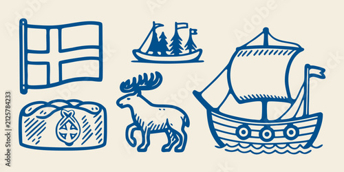 Foto Hand Drawn Blue Line Art Collection Of Swedish Symbols Including Flag Ship Moose