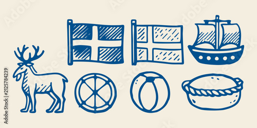 Quadro su tela Hand drawn blue line art collection featuring a reindeer flags ship wheels and a