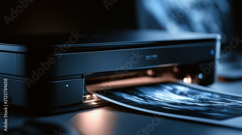 A close-up of a printer actively printing a photo or document, with soft lighting highlighting the machine and part of the printed image.