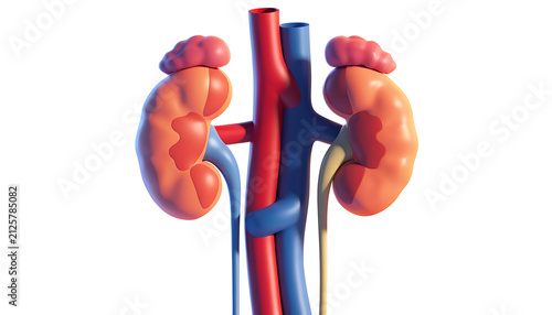 3D medical illustration of human kidneys. Anatomical model of the renal system and blood vessels.