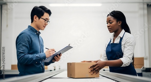 Diverse warehouse workers inspecting package on conveyor belt in fulfillment center