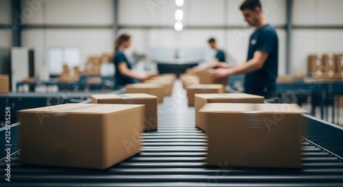 Warehouse workers packing cardboard boxes on a moving conveyor belt
