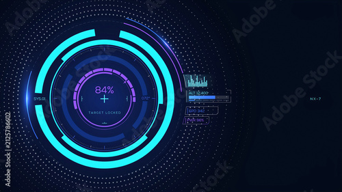 Futuristic hud interface design with glowing blue circular rings and data analysis on a dark background