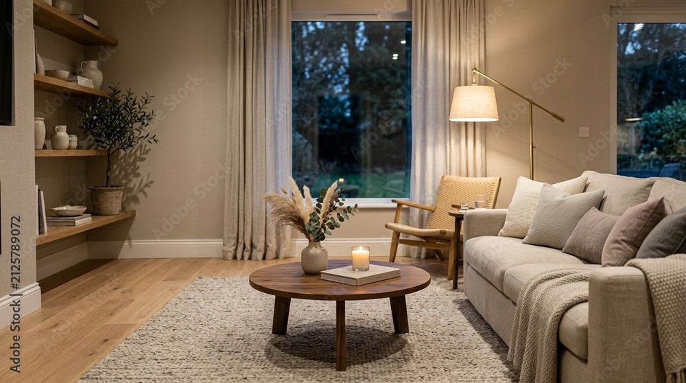 Fototapeta premium Cozy living room with fireplace, sofa, armchair, and coffee table at dusk